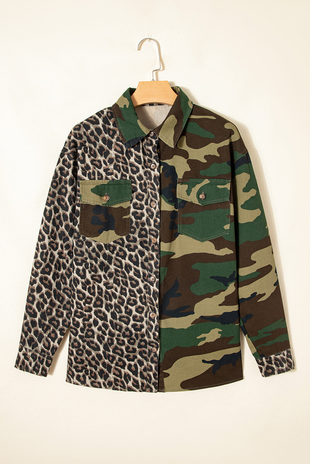Brown Leopard Camo Patchwork Oversize Shacket With Relaxed Fit Casual Outerwear For Everyday Wear Dear-Lover Dropshipping
